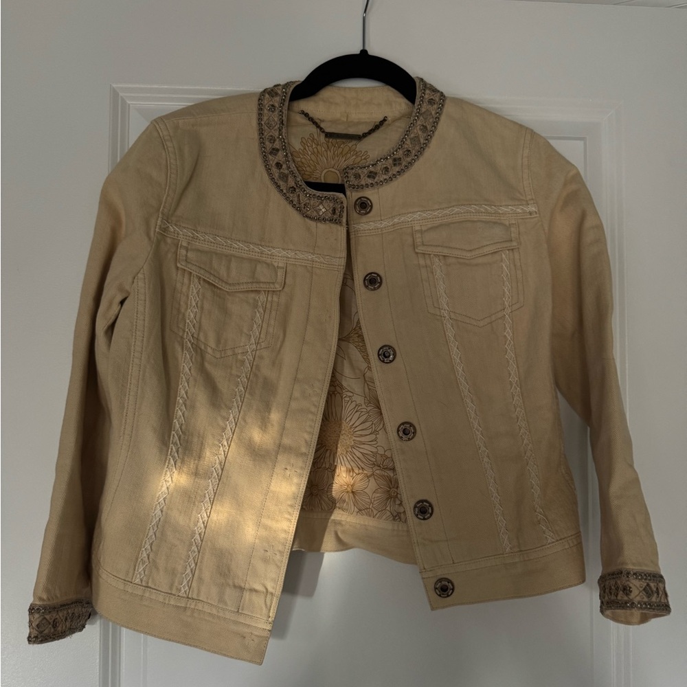 Elie Tahari Beige Embroidered Jean Jacket